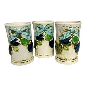 Set of 3 Vintage Napco Ceramic Tumblers C-8265 – Blue Bow & Fruit Design – Japan